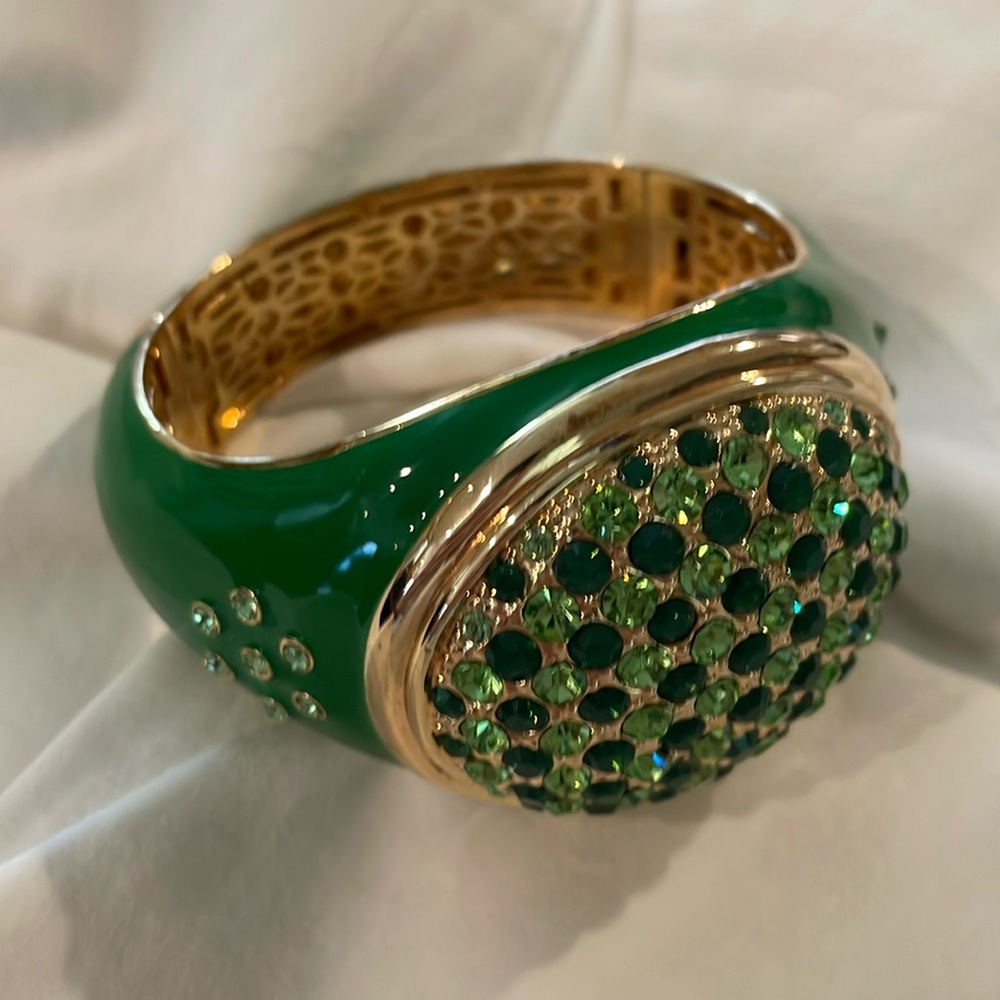 Akkad emerald crystal Swarovski style gems and enamel cuff bracelet.